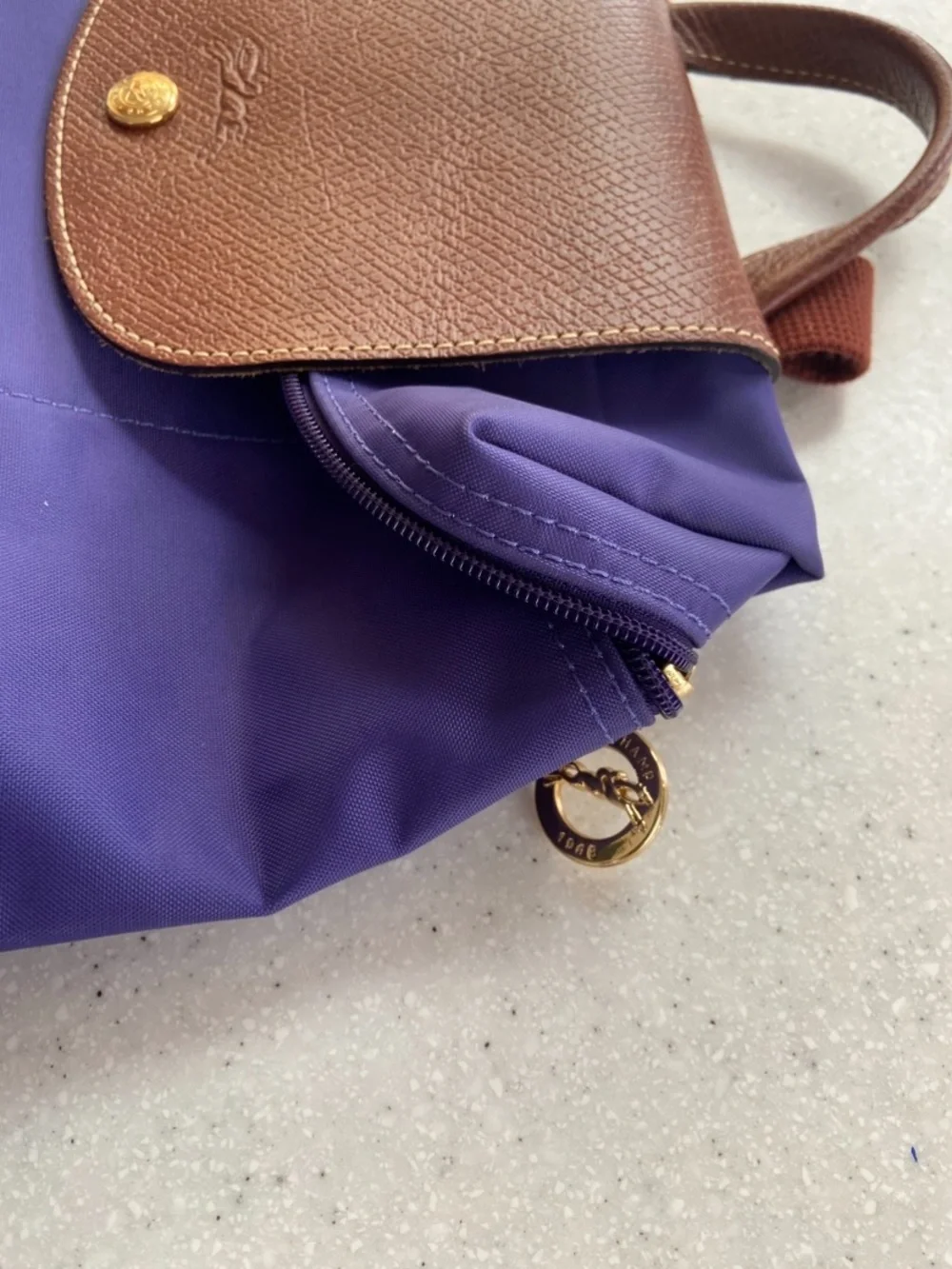 Purple Longchamp Le Pliage Lined Nylon Mini Backpack with Cognac Trim - Picture 10 of 16